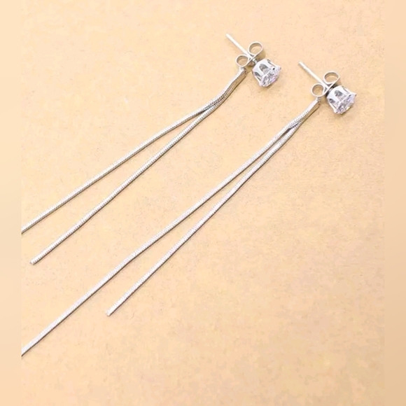 Diamond Dangle Tassle Earrings Long Double Chain - Picture 2 of 6